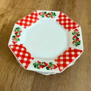 SET of 4 Vintage George GOOD white plates w/red basket weave and cherries Design